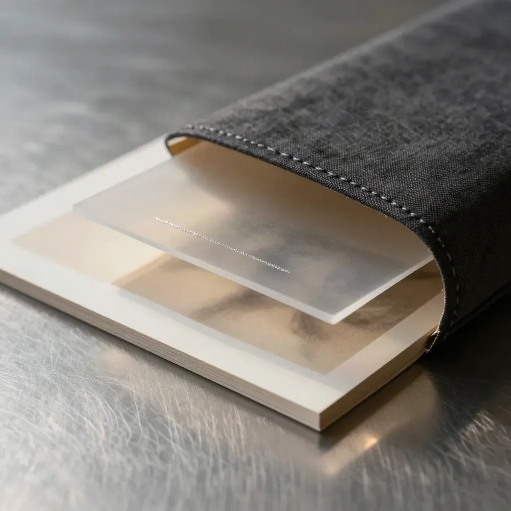 Layered white web kit boards, translucent overlays, and a dark linen sleeve on pewter.
