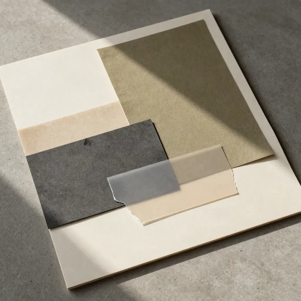 Overhead flatlay of a charcoal art direction board with blank panels, swatches, vellum, and texture chips.