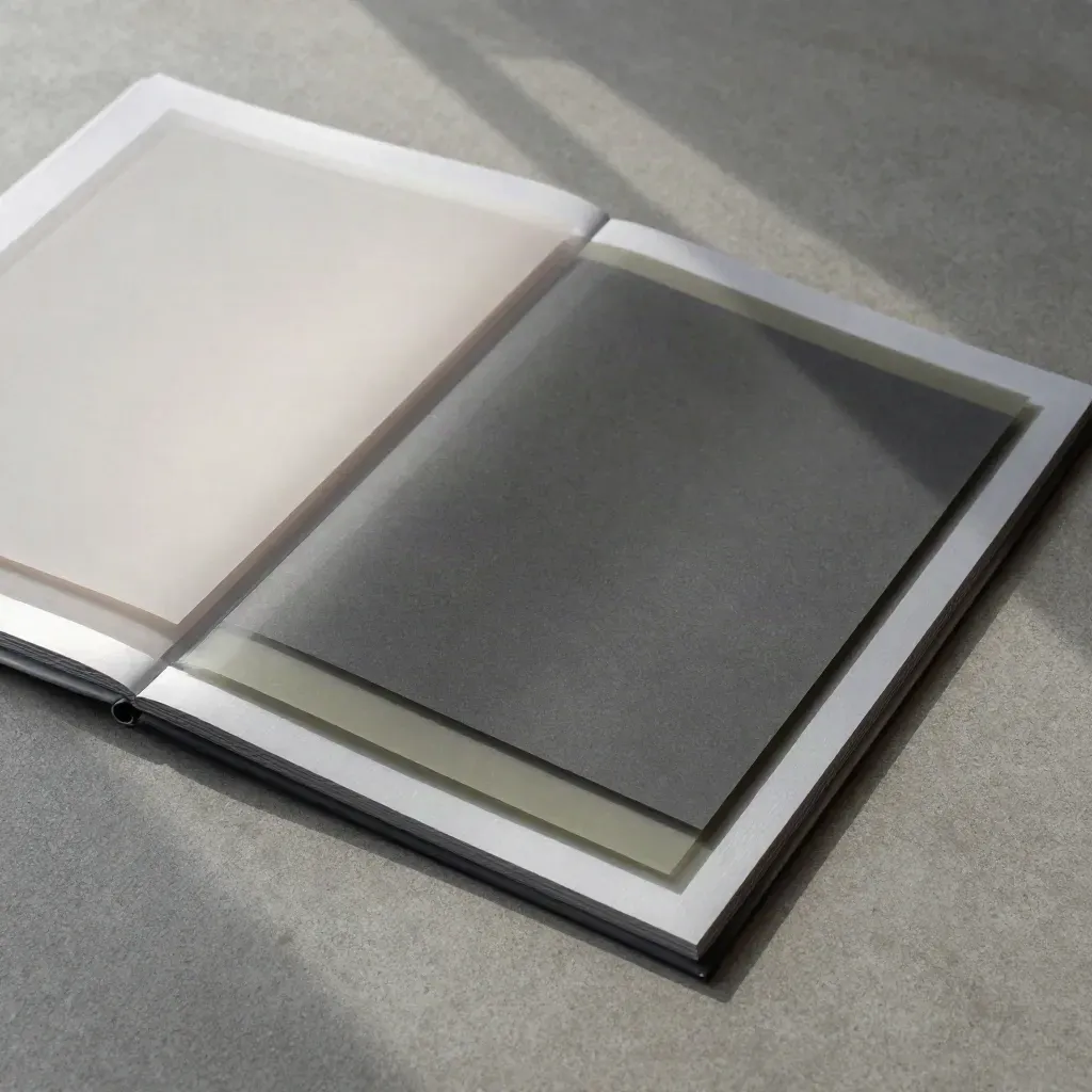 Overhead flatlay of design sheets, translucent overlays, and a silver edge strip on concrete.