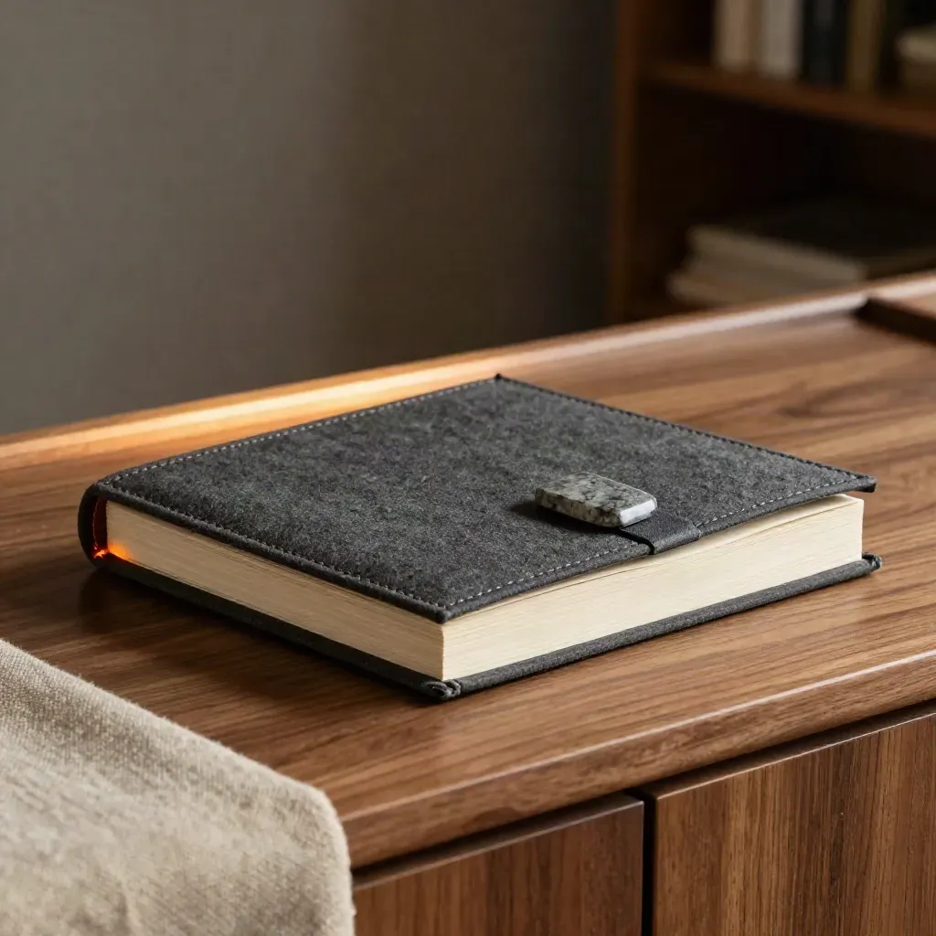 Cloth-bound brand voice guide folio partly open on a walnut console with warm haze.