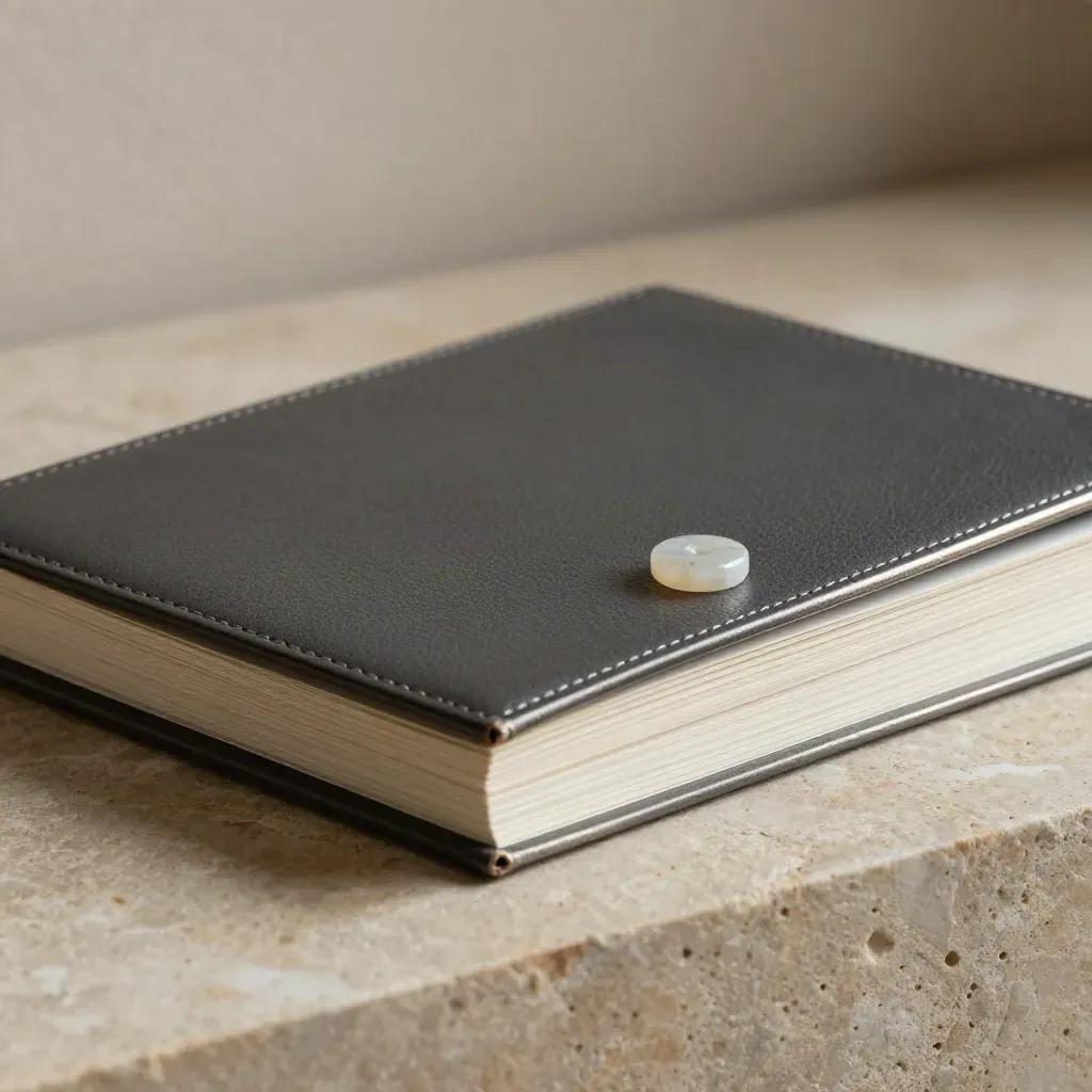 Half-open dark leather folio with silver-edged cards and a polished stone token on limestone.