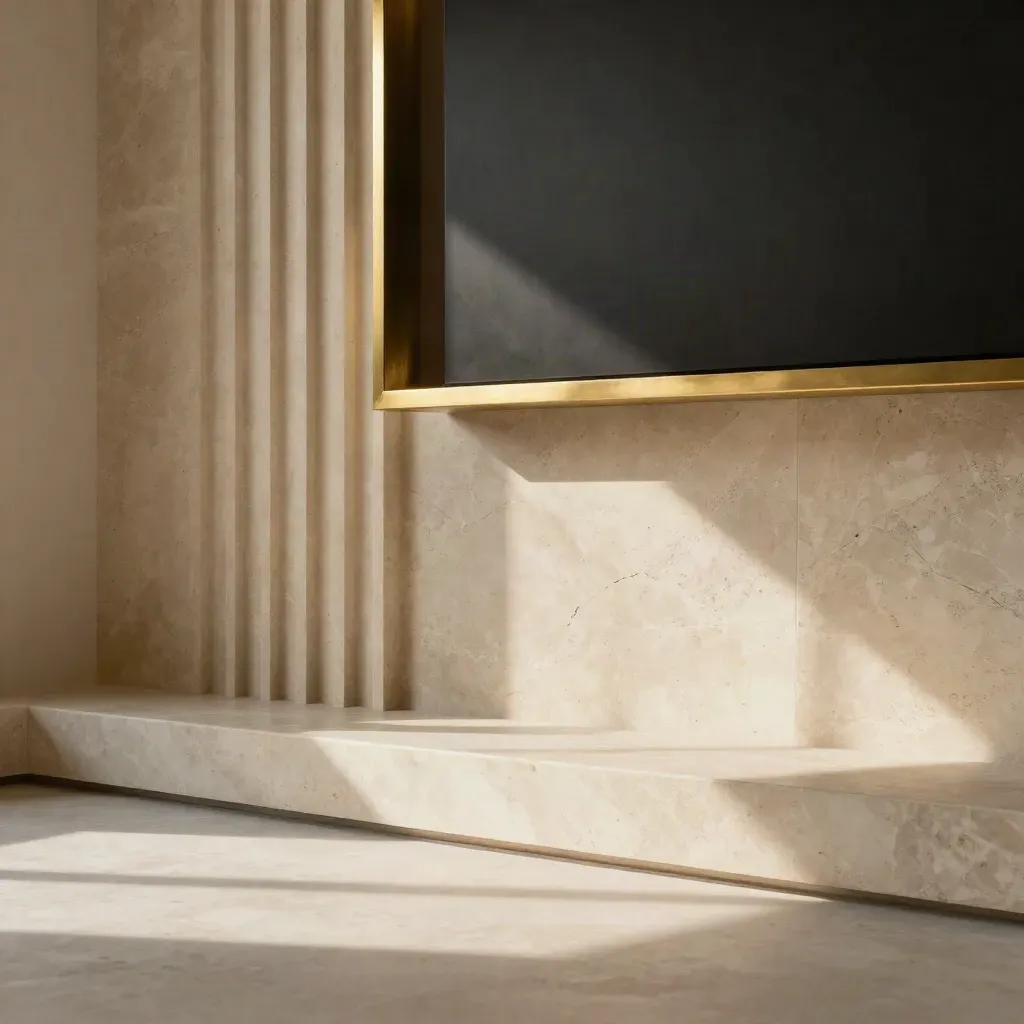 Travertine corner with fluted stone, brass edge, and a shadowed black form in warm daylight.