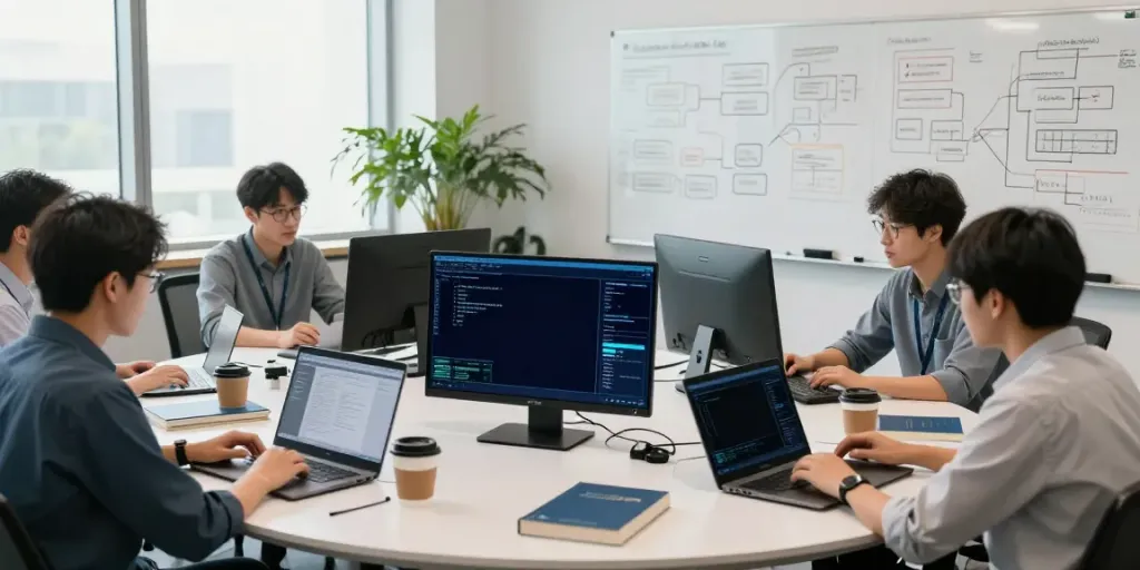 Team collaboration on enterprise AI development showcasing data algorithms and workflows.